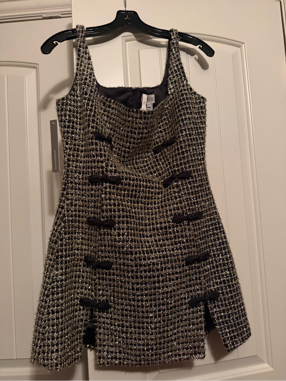 Saulee black and gold Tweed Mini Dress with Braided Front Accents